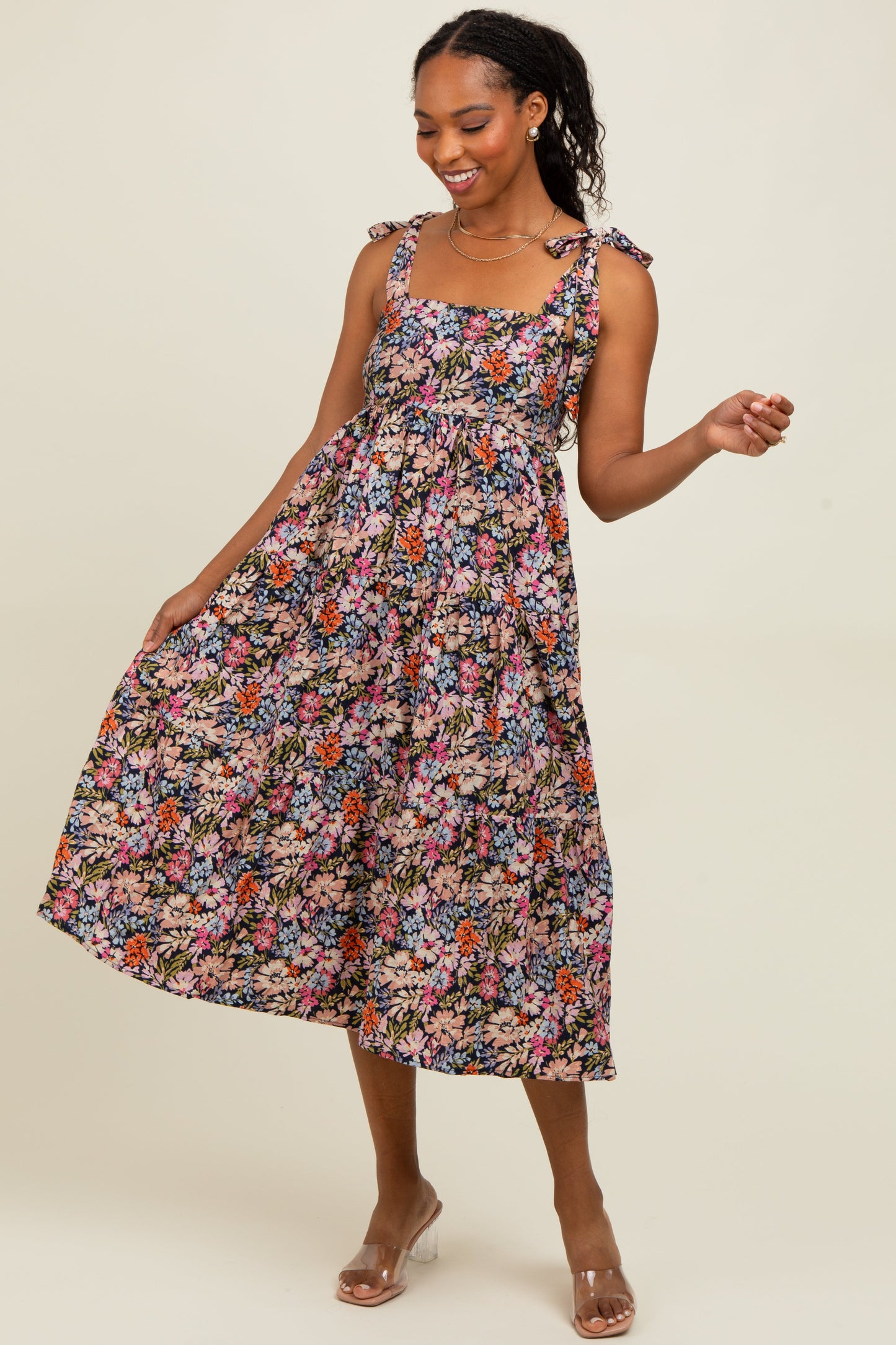 Navy Floral Shoulder Tie Maternity Midi Dress