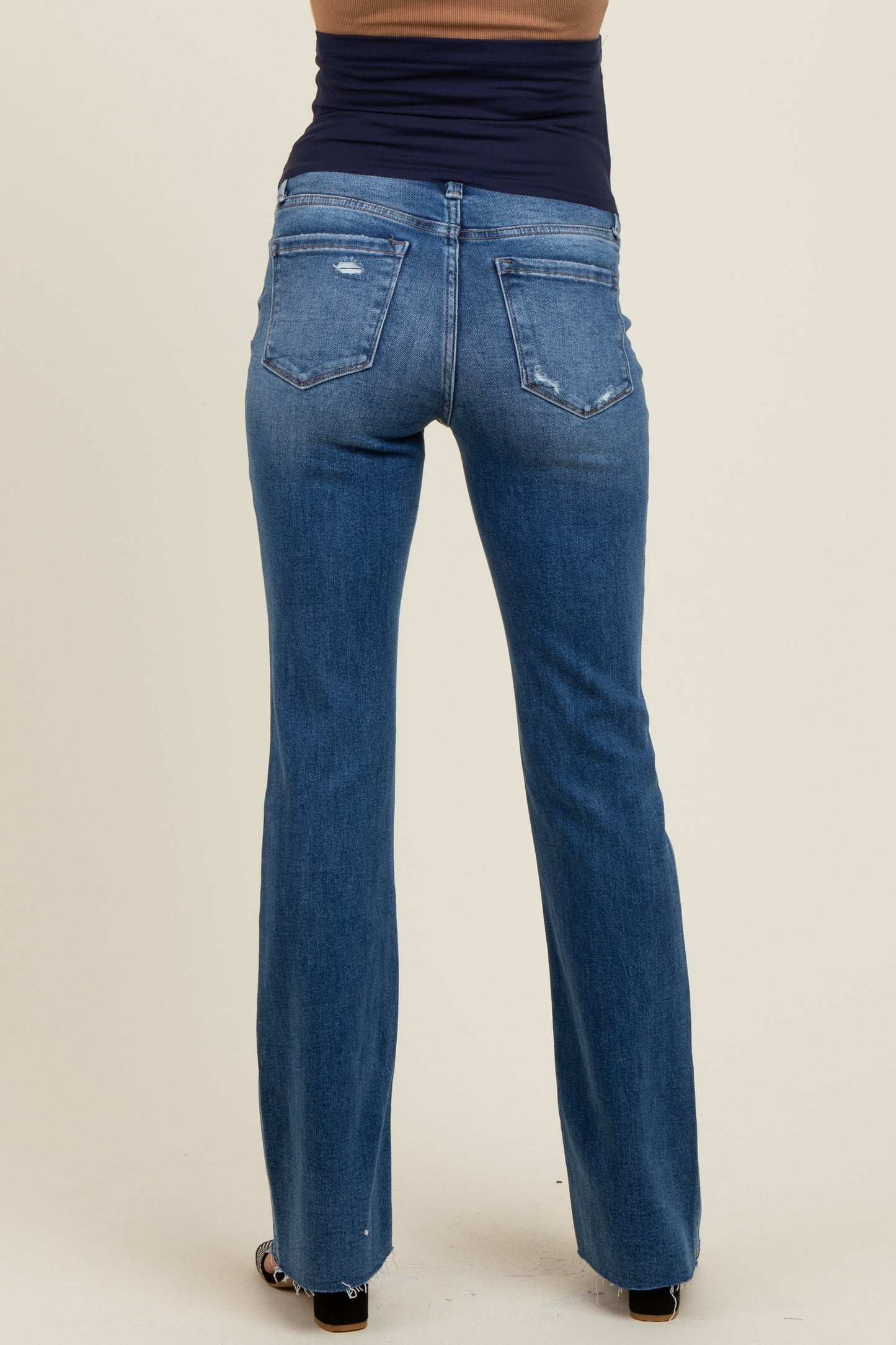 Navy Blue Distressed Raw Hem Maternity Bootcut Jeans
