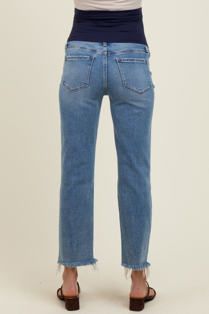 Light Blue Distressed Fringe Hem Cropped Straight Leg Maternity Jeans