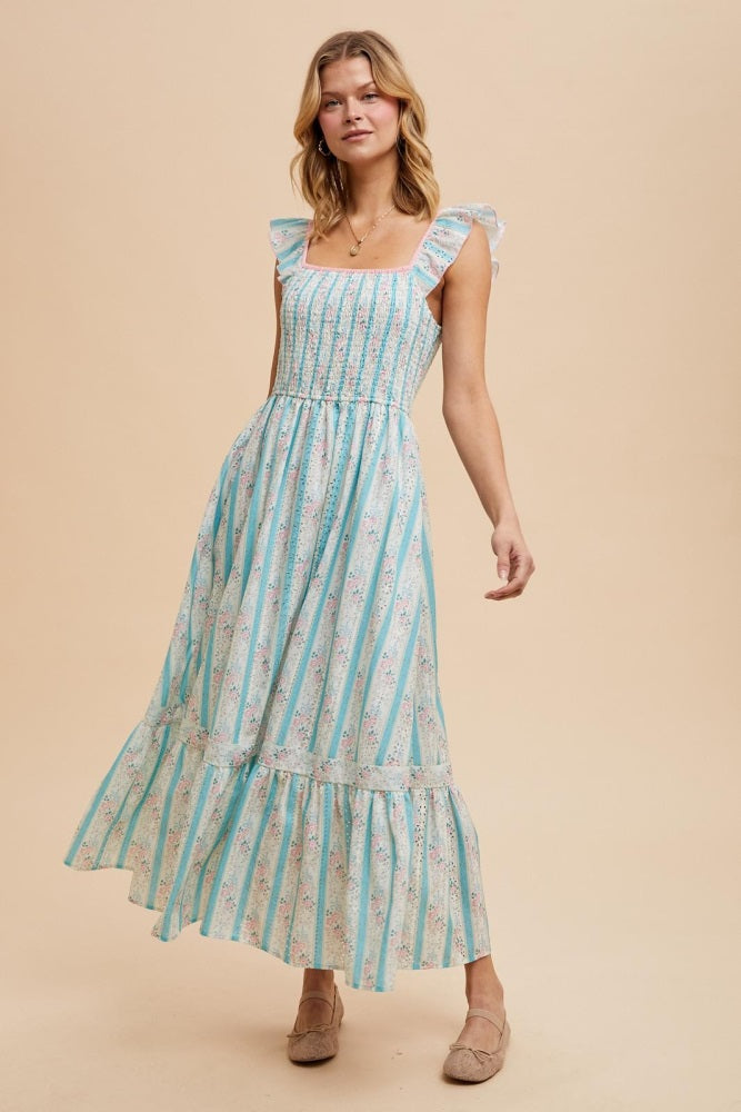 Light Blue Striped Vintage Floral Smocked Maternity Maxi Dress