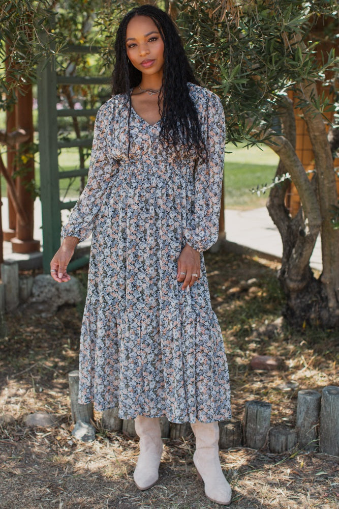 Blue Floral Smocked Waist Maternity Maxi Dress
