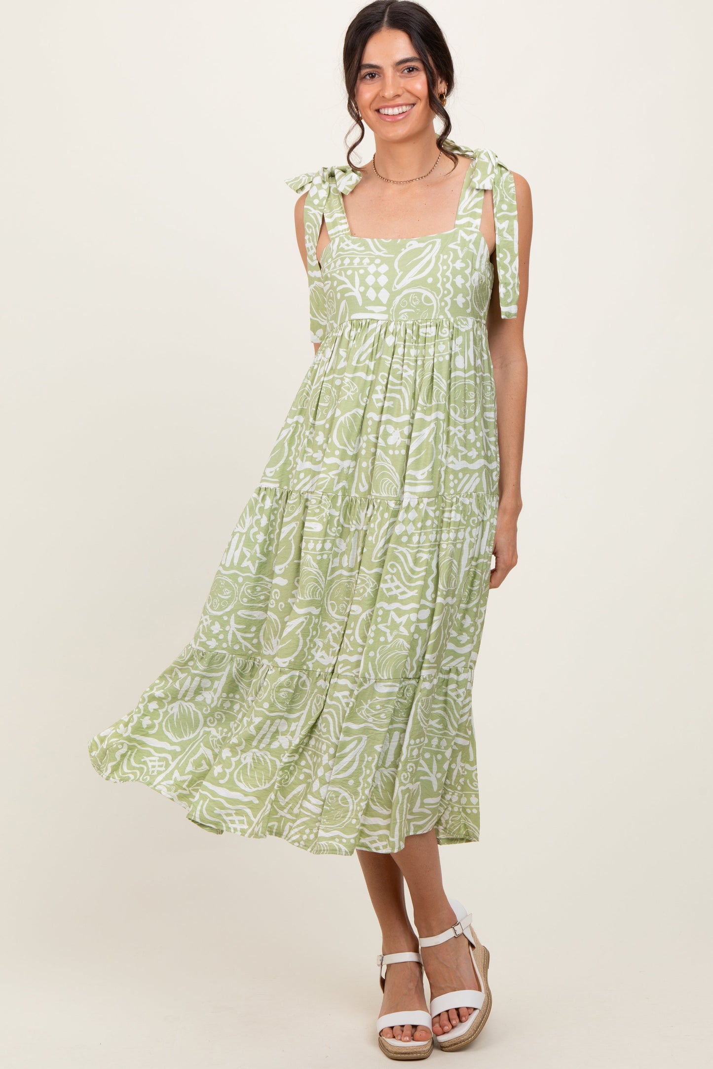 Light Olive Printed Tie Strap Tiered Maternity Midi Dress