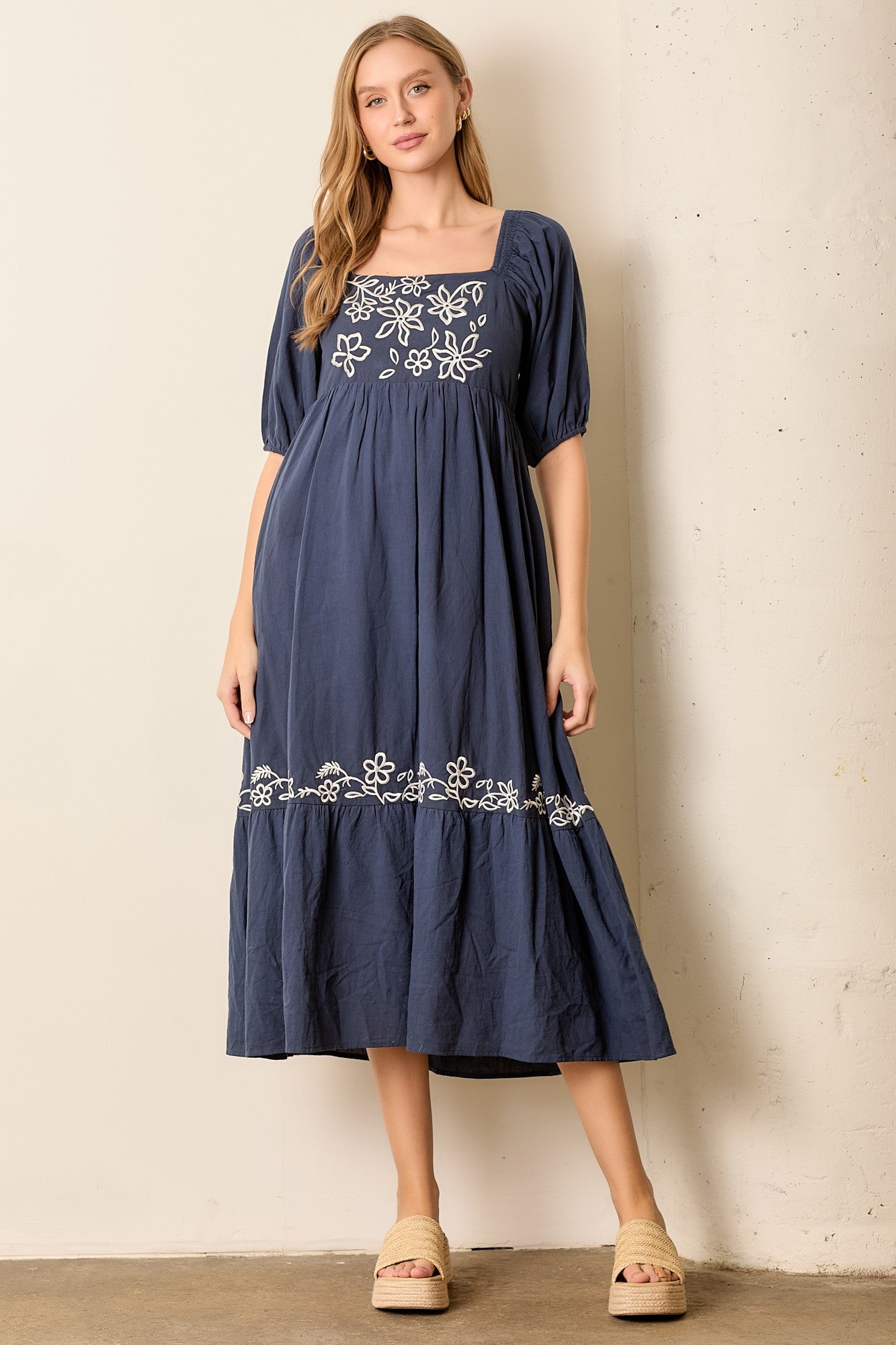 Navy Embroidered Floral Square Neck Maternity Maxi Dress
