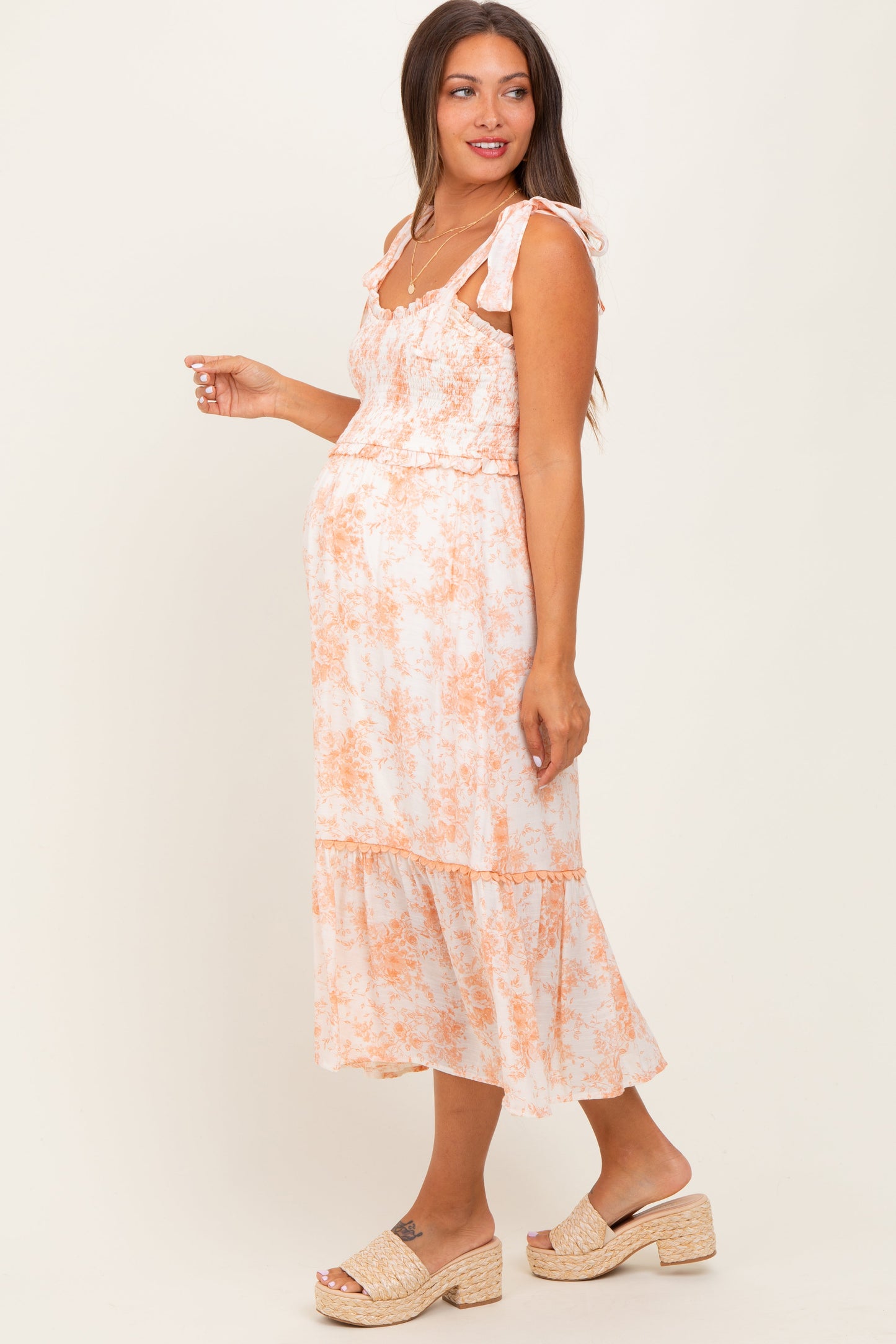 Peach Floral Smocked Shoulder Tie Maternity Midi Dress