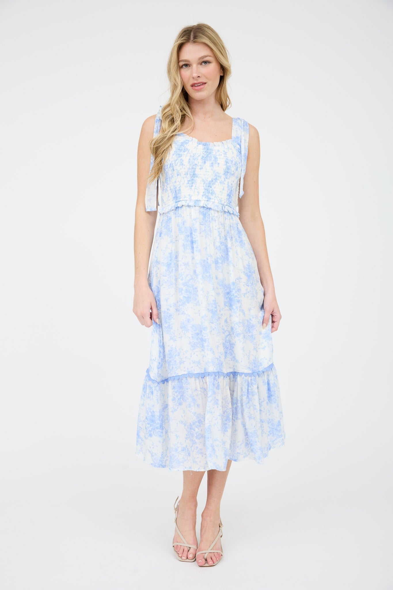 Light Blue Floral Smocked Shoulder Tie Maternity Midi Dress