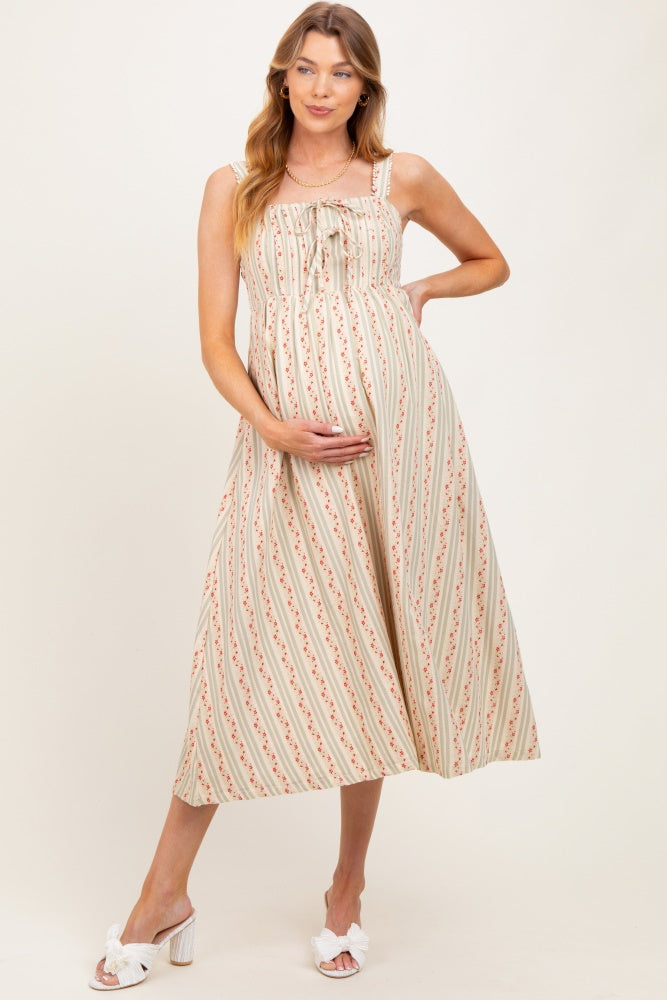 Light Olive Floral Embroidered Striped Maternity Midi Dress