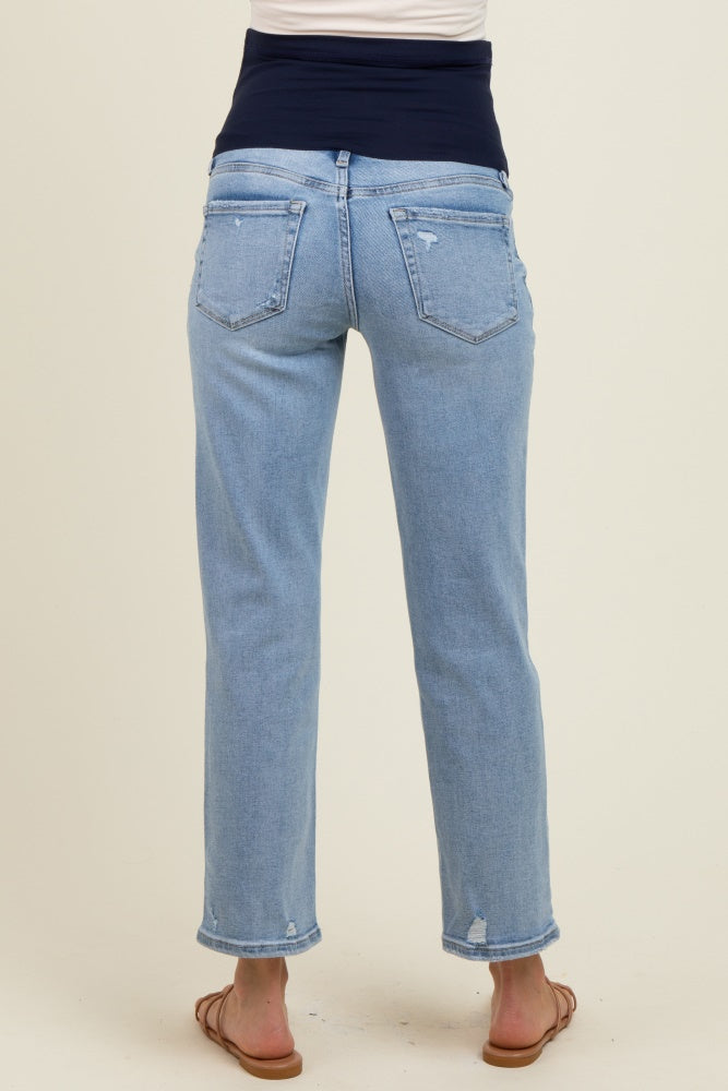 Light Blue Distressed Open Knee Ankle Straight Leg Jeans