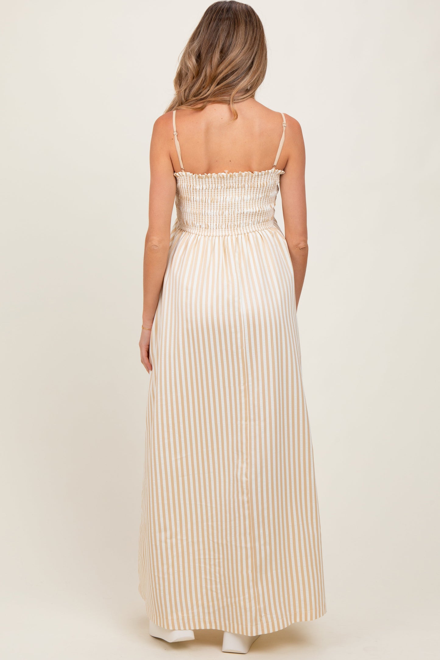 Beige Striped Sleeveless Smocked Poplin Maternity Maxi Dress