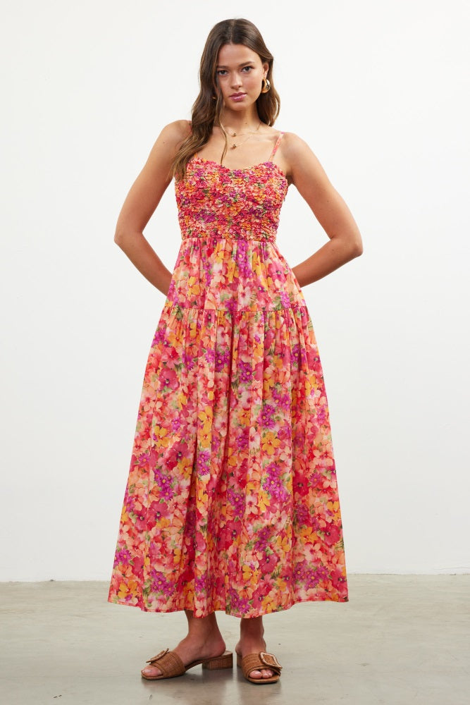 Coral Floral Textured Smocked Maternity Maxi Dress