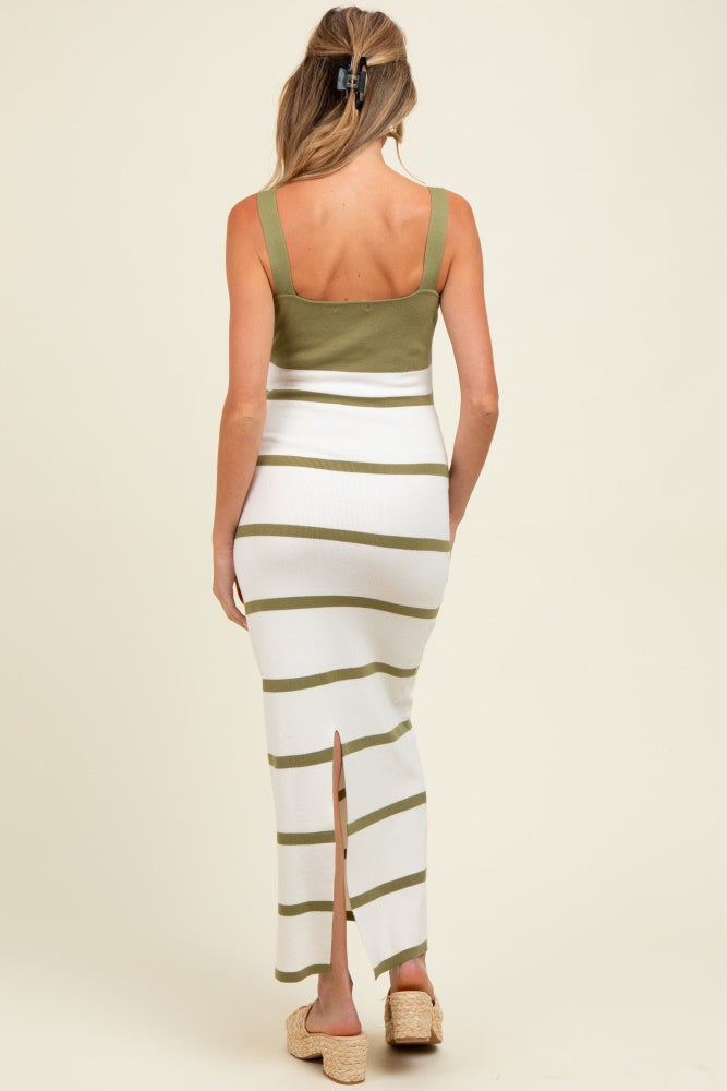 Olive Colorblock Striped Sleeveless Maternity Maxi Dress