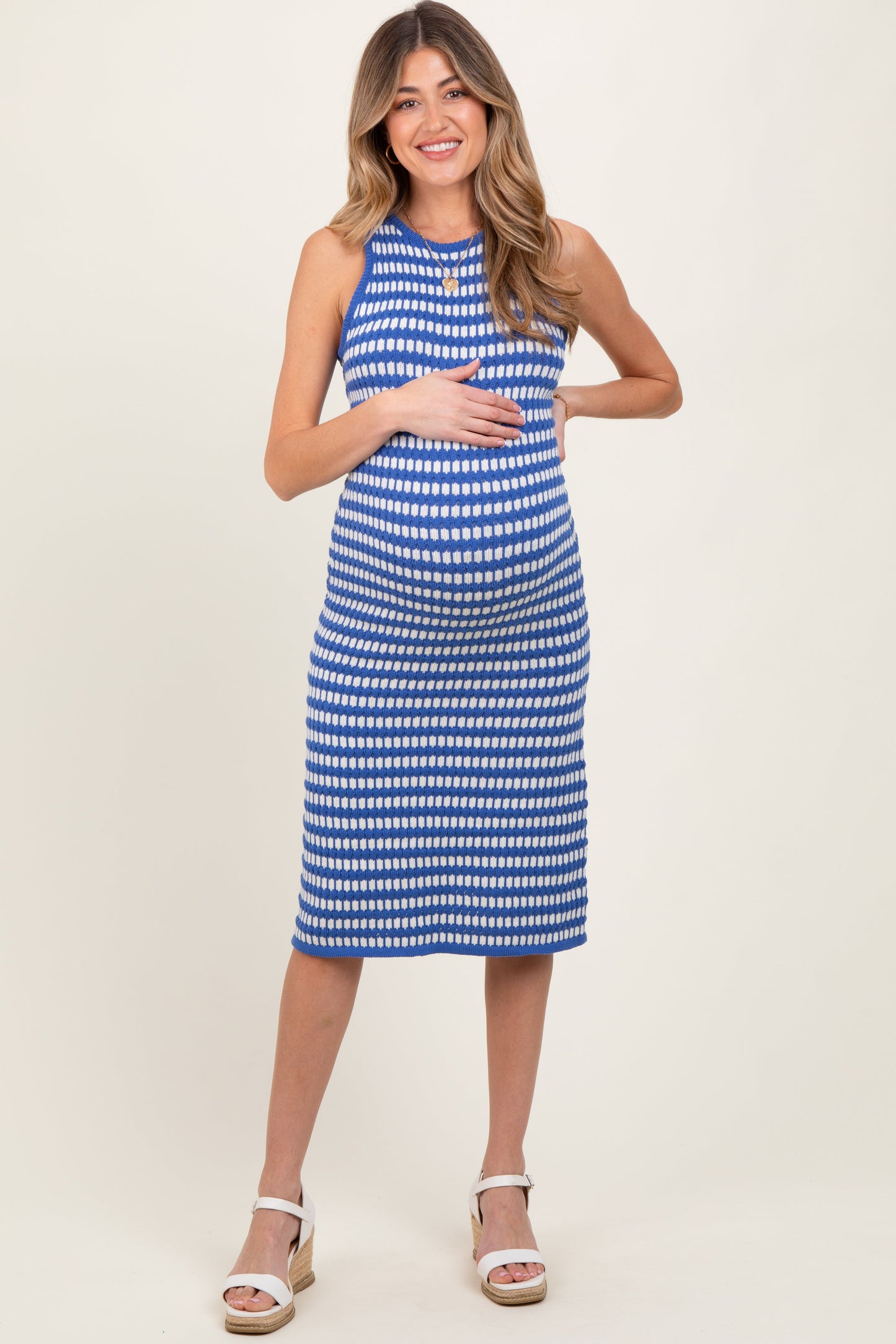 Blue-White Stripe Sleeveless Round Neck Knit Maternity Midi Dress