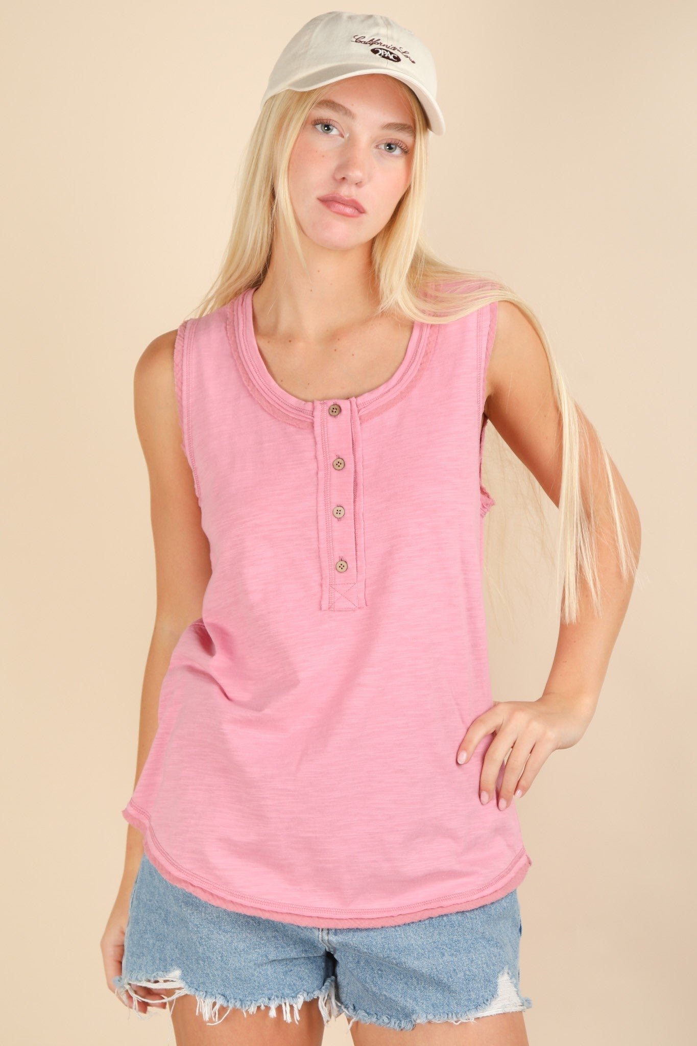Pink Raw Hem Button Detail Sleeveless Maternity Top