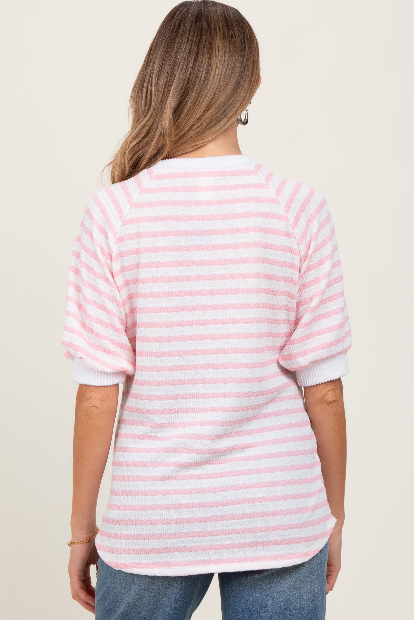 Pink Striped Textured Short Sleeve Maternity Top