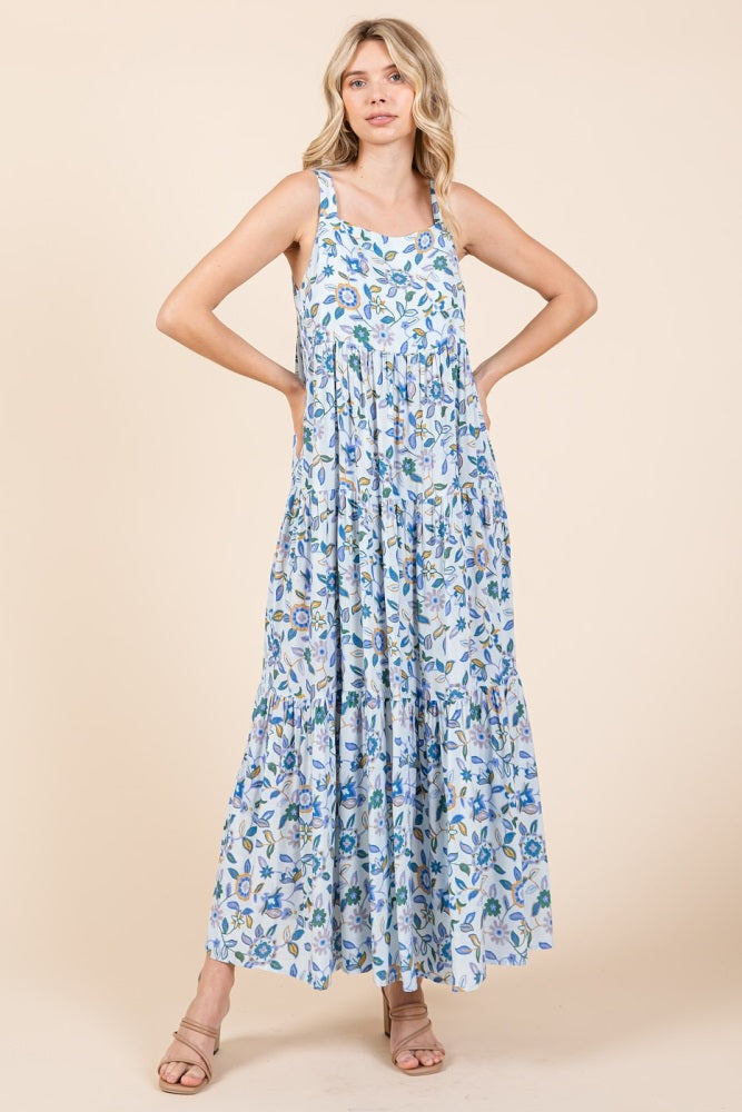 Blue Floral Sleeveless Tiered Maternity Maxi Dress