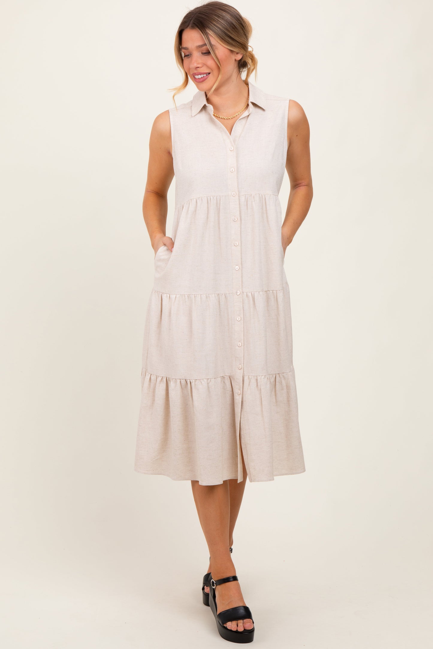 Cream Tiered Sleeveless Maternity Midi Shirt Dress