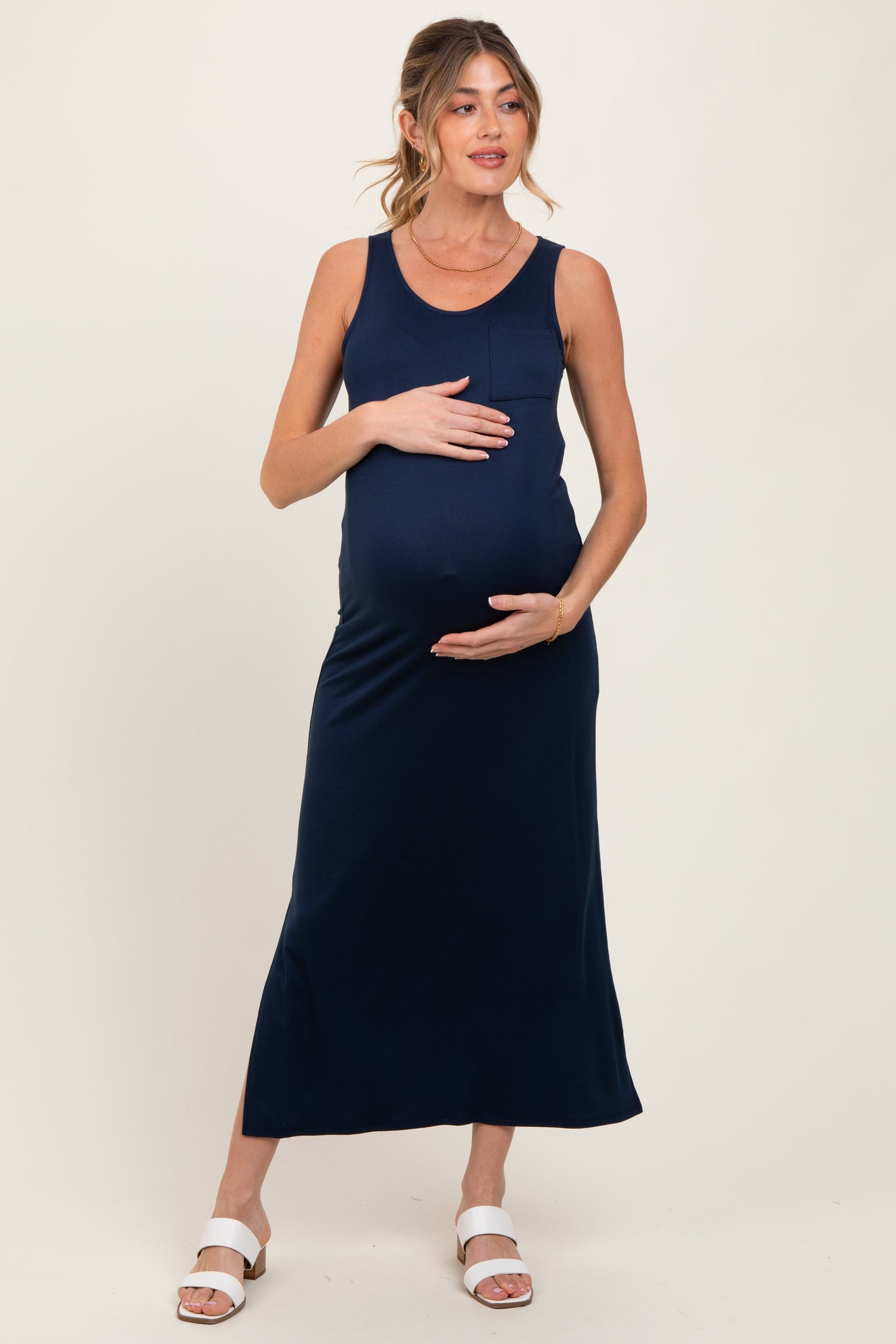 Navy Basic Pocket Sleeveless Maternity Maxi Dress