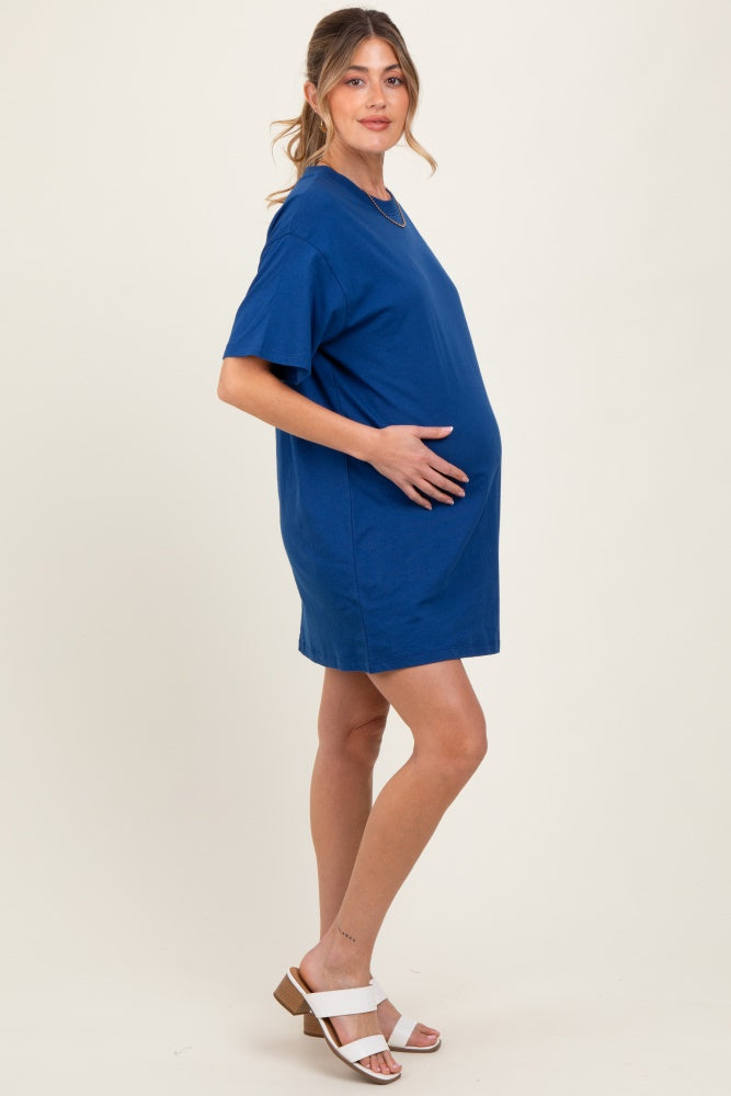 Light Navy Crewneck Short Sleeve Maternity T-Shirt Dress