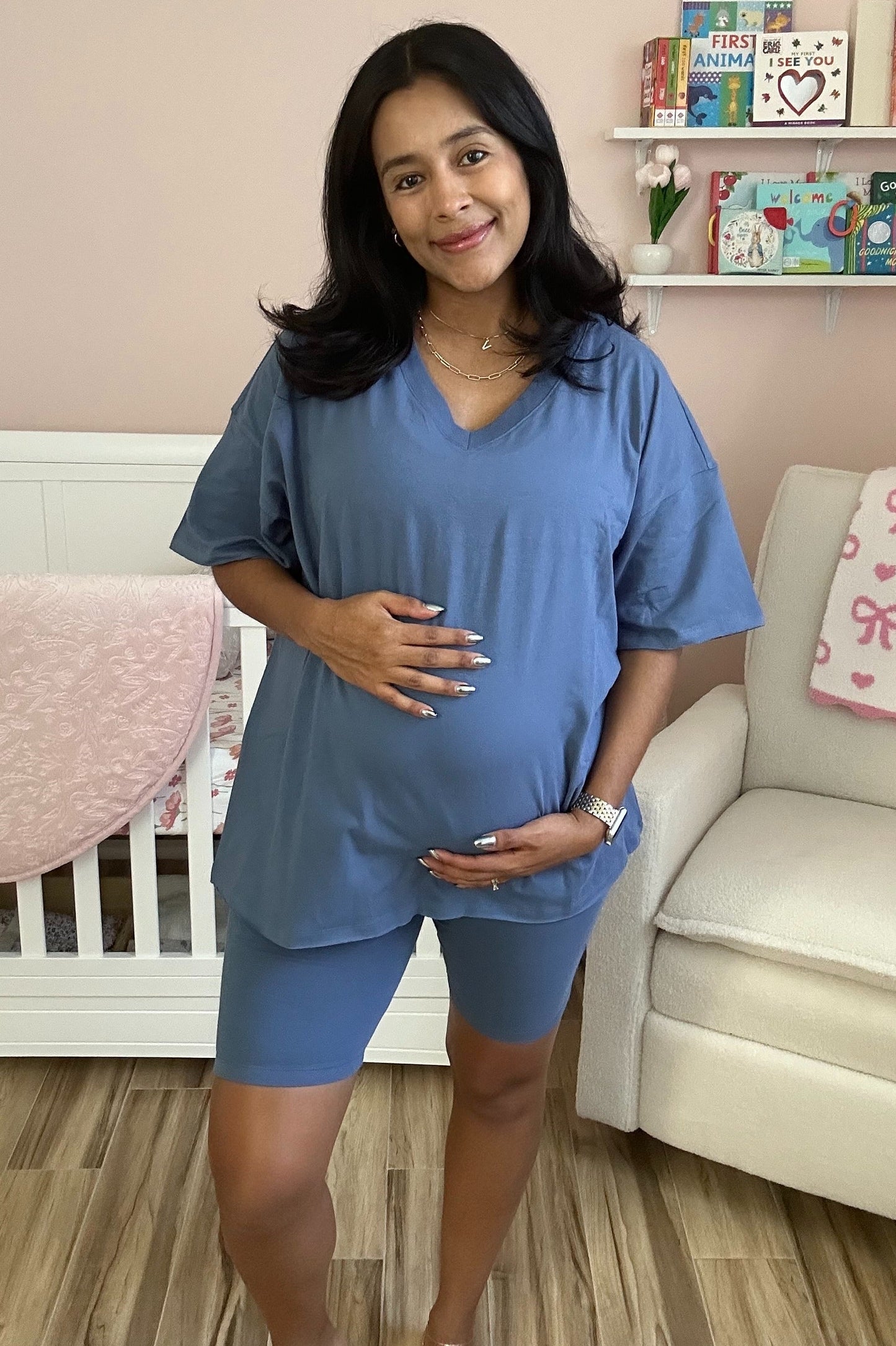Blue Oversized V-Neck Biker Short Maternity Set