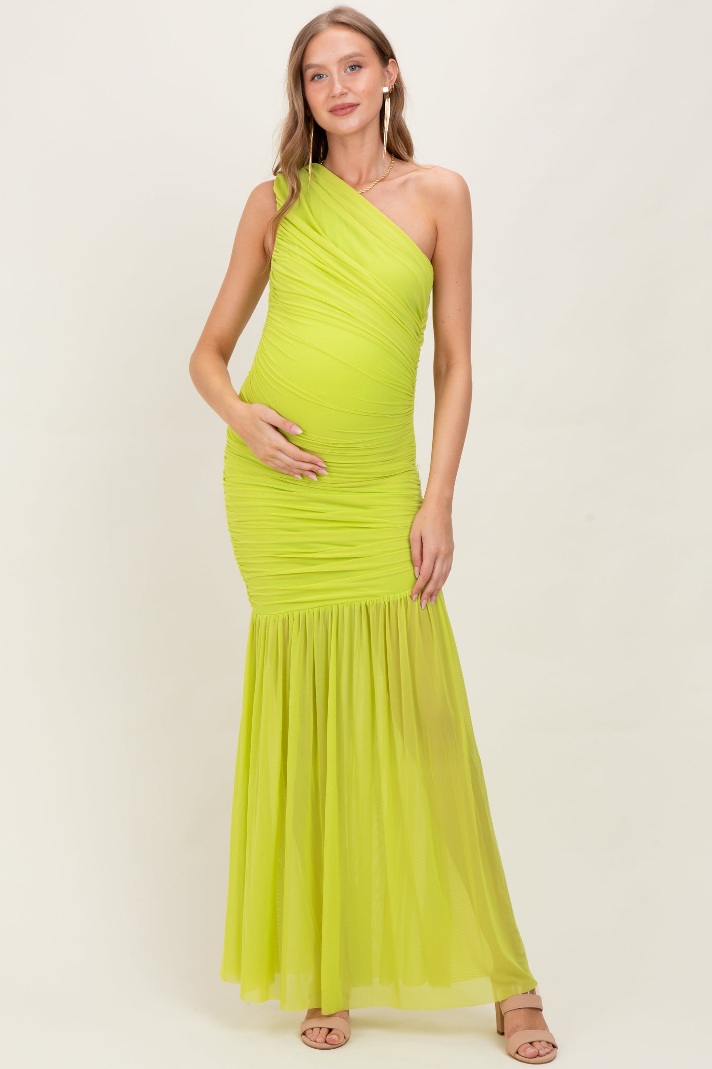 Lime Ruched Mesh One Shoulder Maternity Maxi Dress