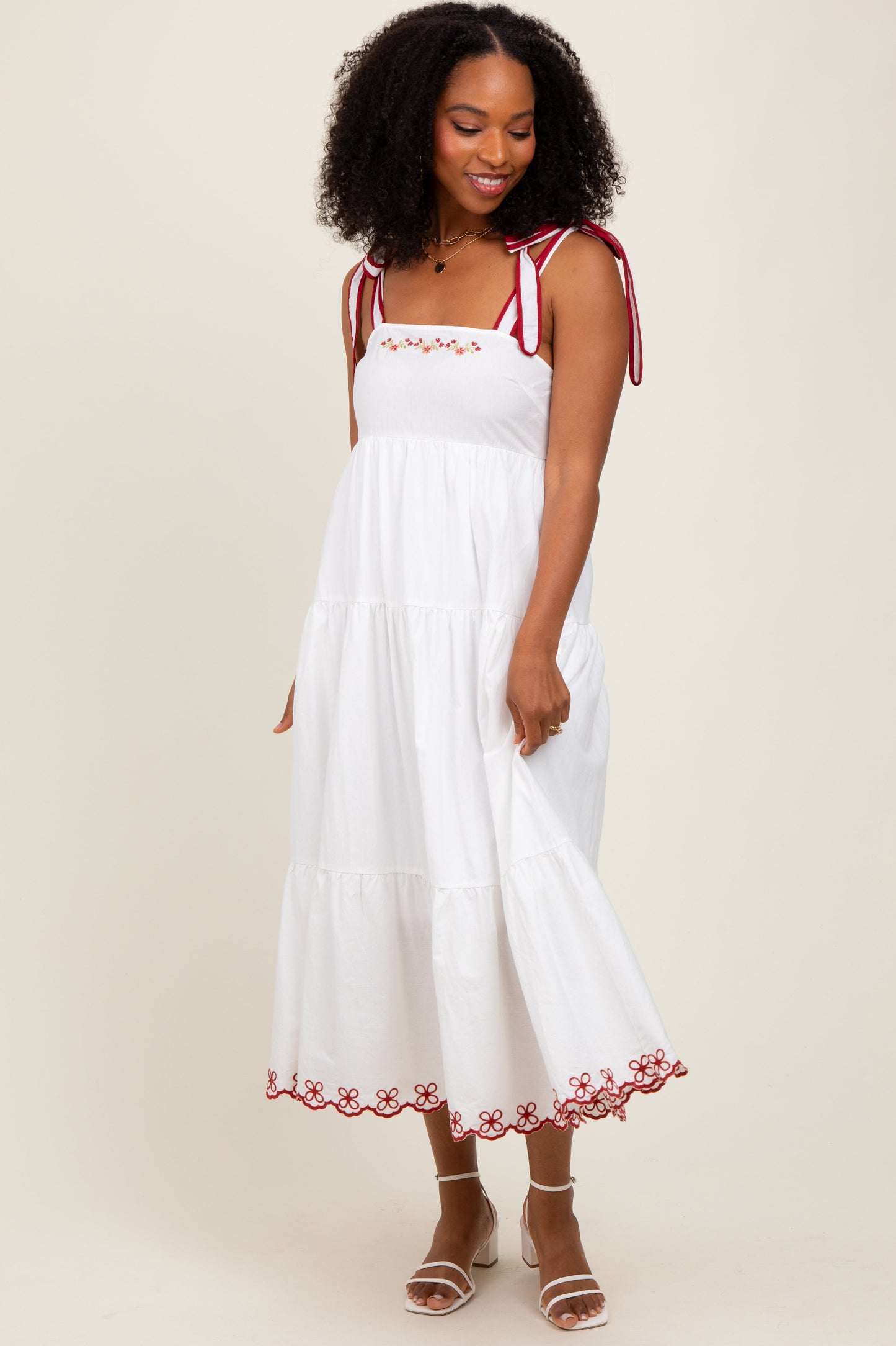 Ivory Embroidered Tiered Maternity Midi Dress