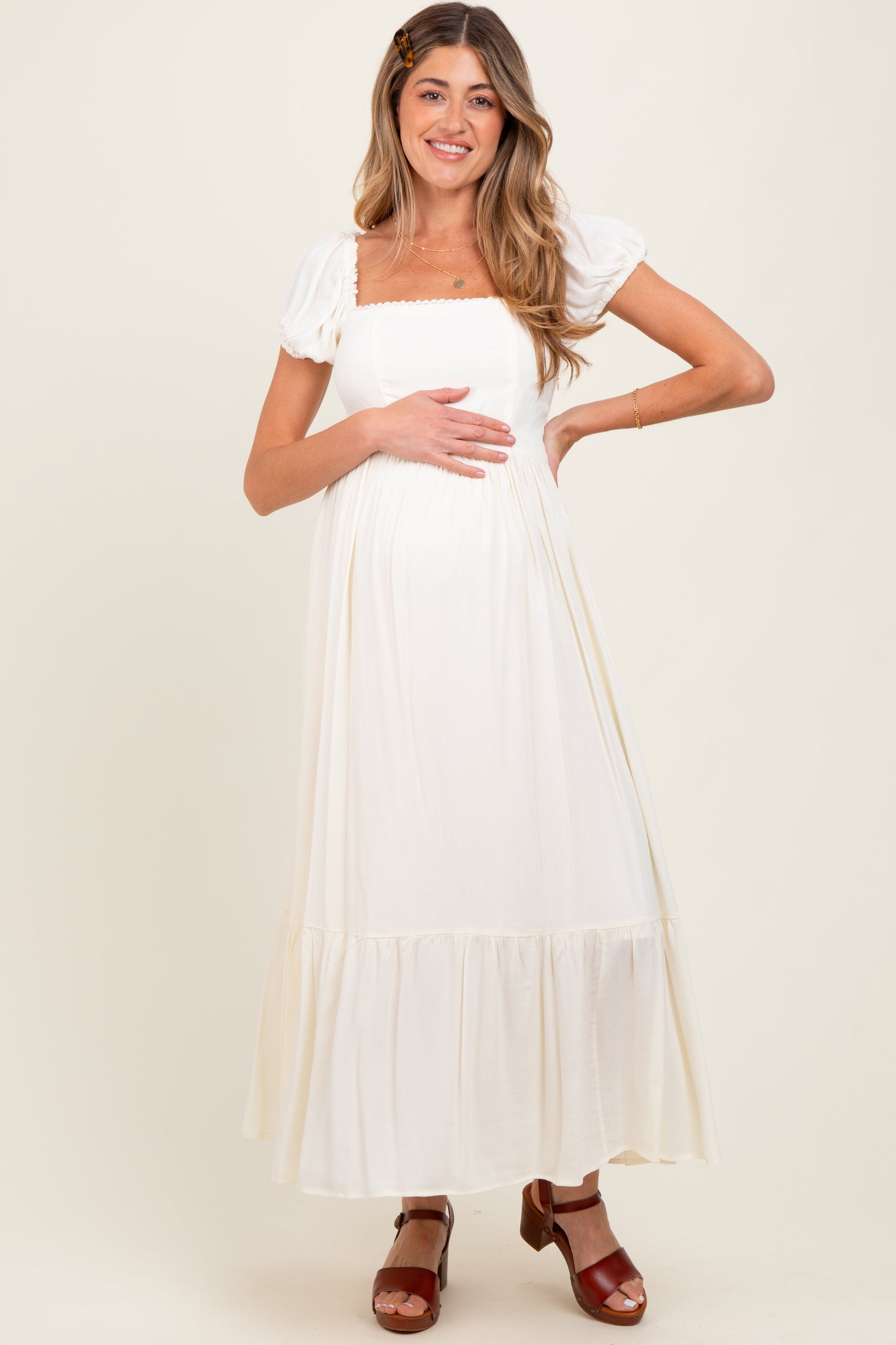Ivory Ruffle Detail Square Neck Maternity Maxi Dress