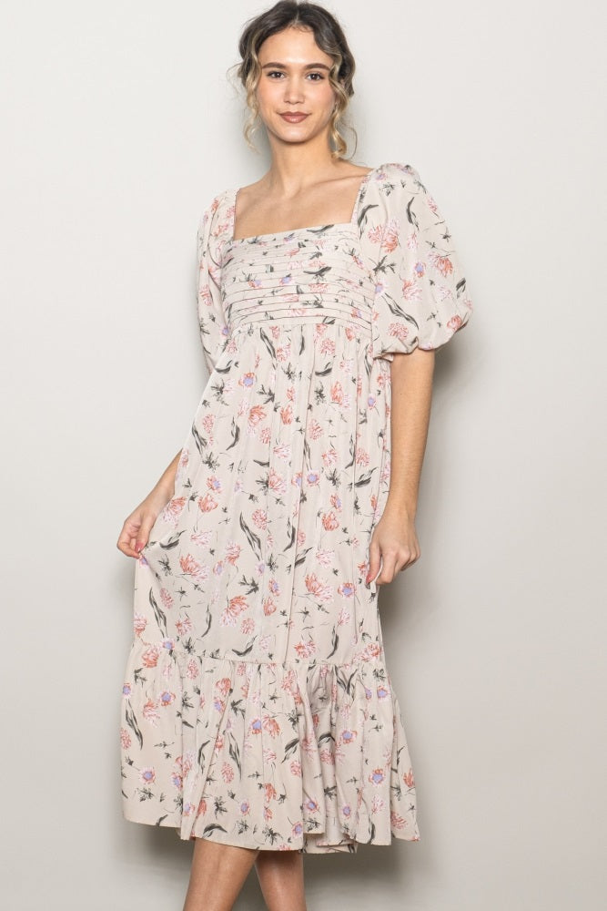 Cream Floral Pleated Bodice 3/4 Sleeve Maternity Midi Dress