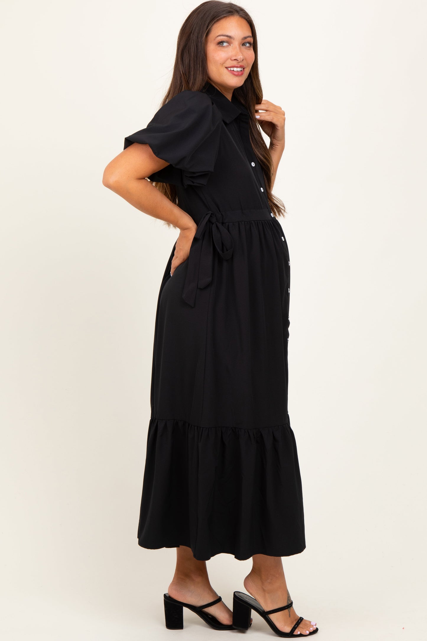 Black Puff Sleeve Side Tie Maternity Midi Shirt Dress