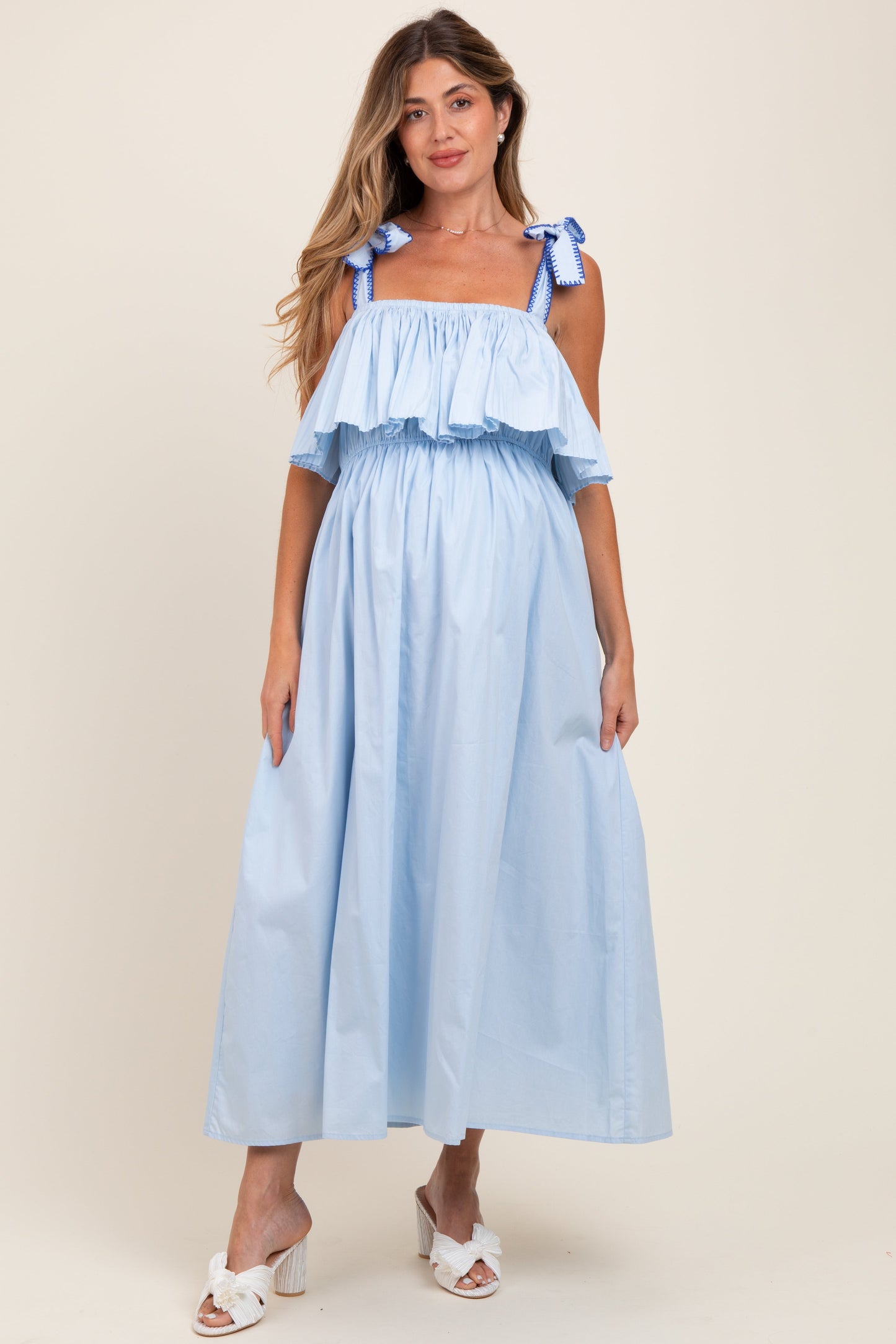 Light Blue Shoulder Tie Flounce Maternity Midi Dress