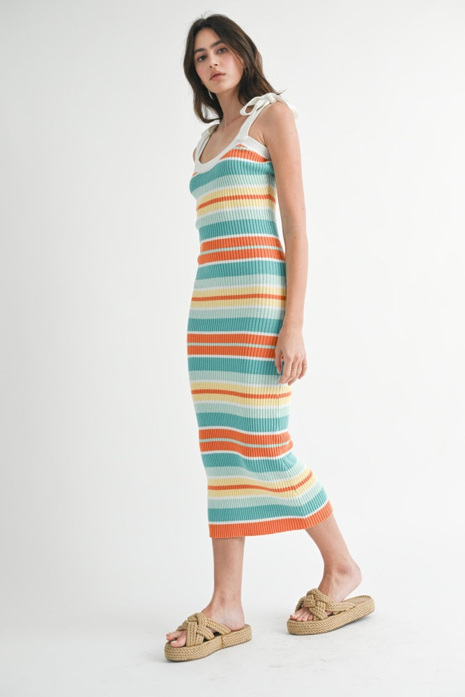 Light Teal Colorblock Stripe Shoulder Tie Maternity Midi Dress