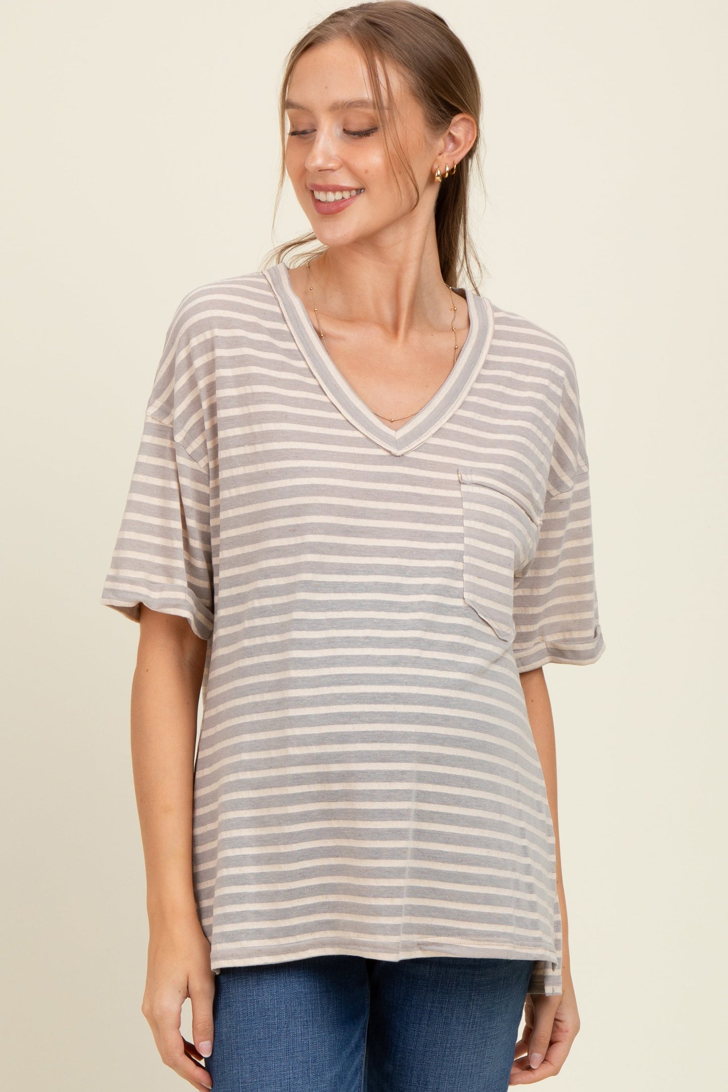 Grey Striped Oversized V-Neck Front Pocket Maternity T-Shirt