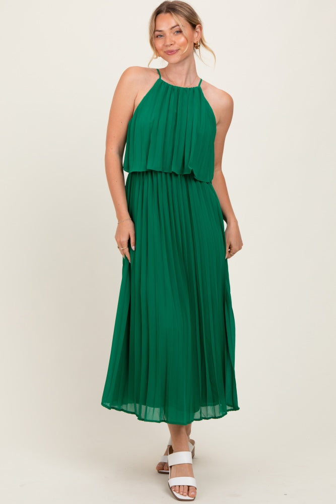 Green Pleated Woven Maternity Midi Dress