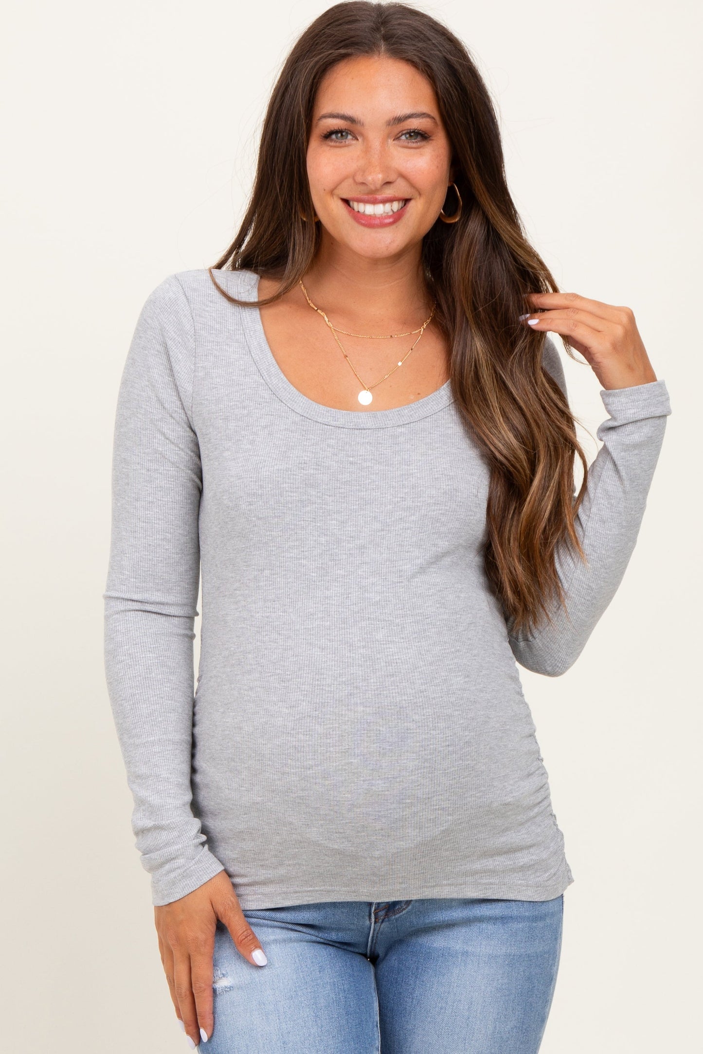 Heather Grey Ribbed Ruched Maternity Long Sleeve Top