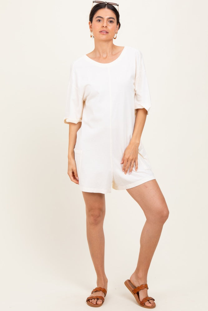 Cream V Back Short Sleeve Pocketed Maternity Romper