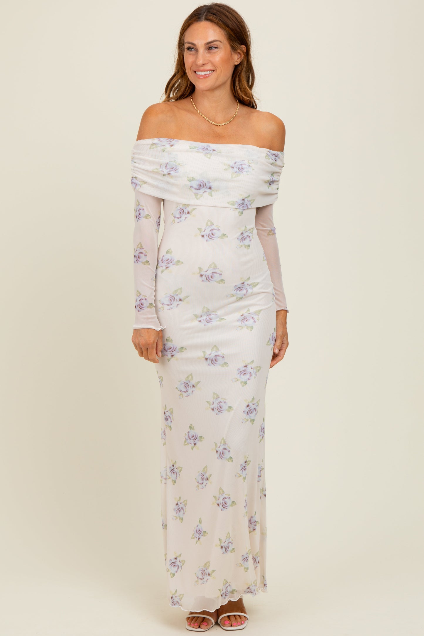 Ivory Floral Mesh Off Shoulder Foldover Maternity Maxi Dress