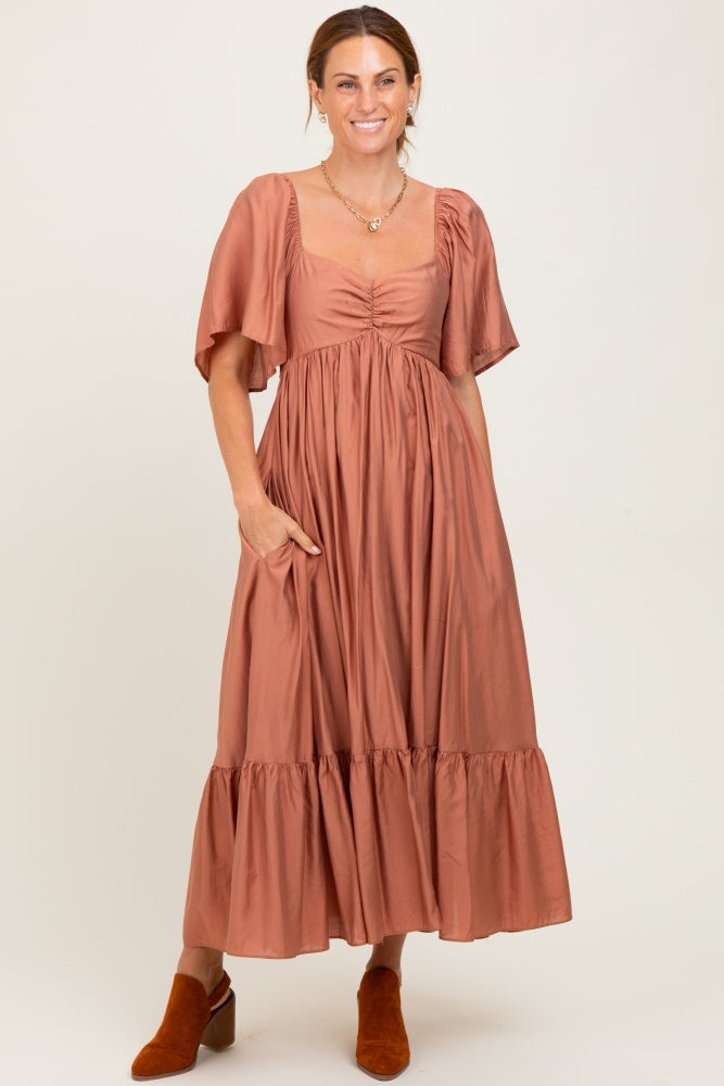 Rust Flutter Sleeve Ruffle Hem Maternity Midi Dress