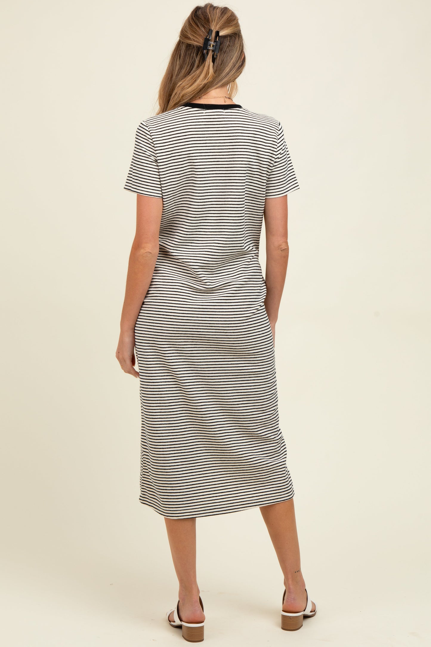 Black Striped Short Sleeve Maternity Midi T-Shirt Dress