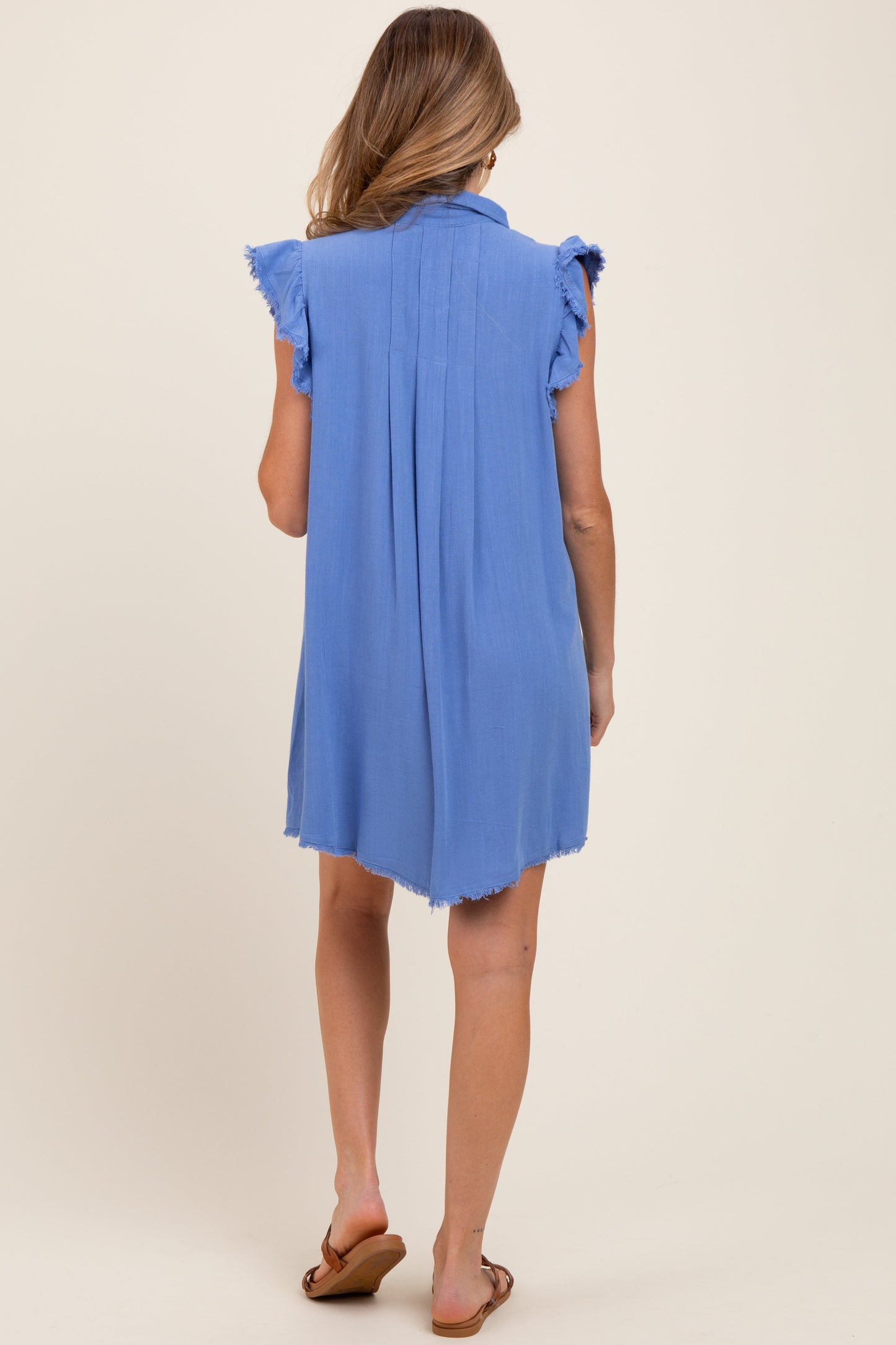Periwinkle Fringe Detail Ruffle Sleeve Maternity Shirt Dress