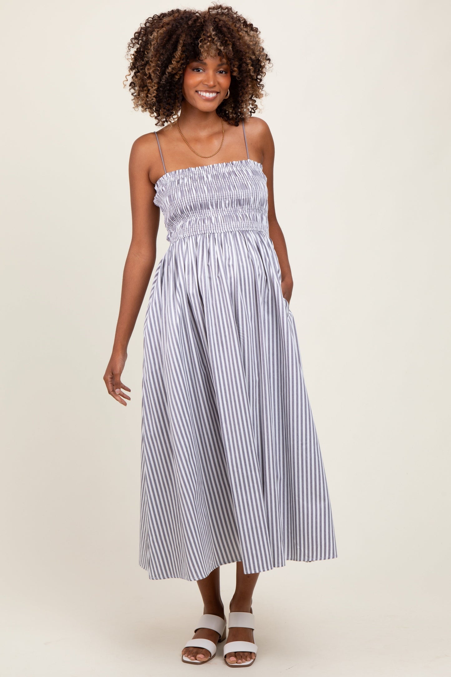 Black Striped Smocked Maternity Midi Dress