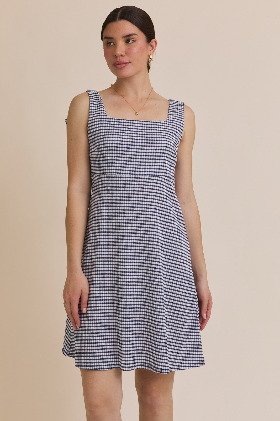 Navy Gingham Square Neck Bow Strap Maternity Dress