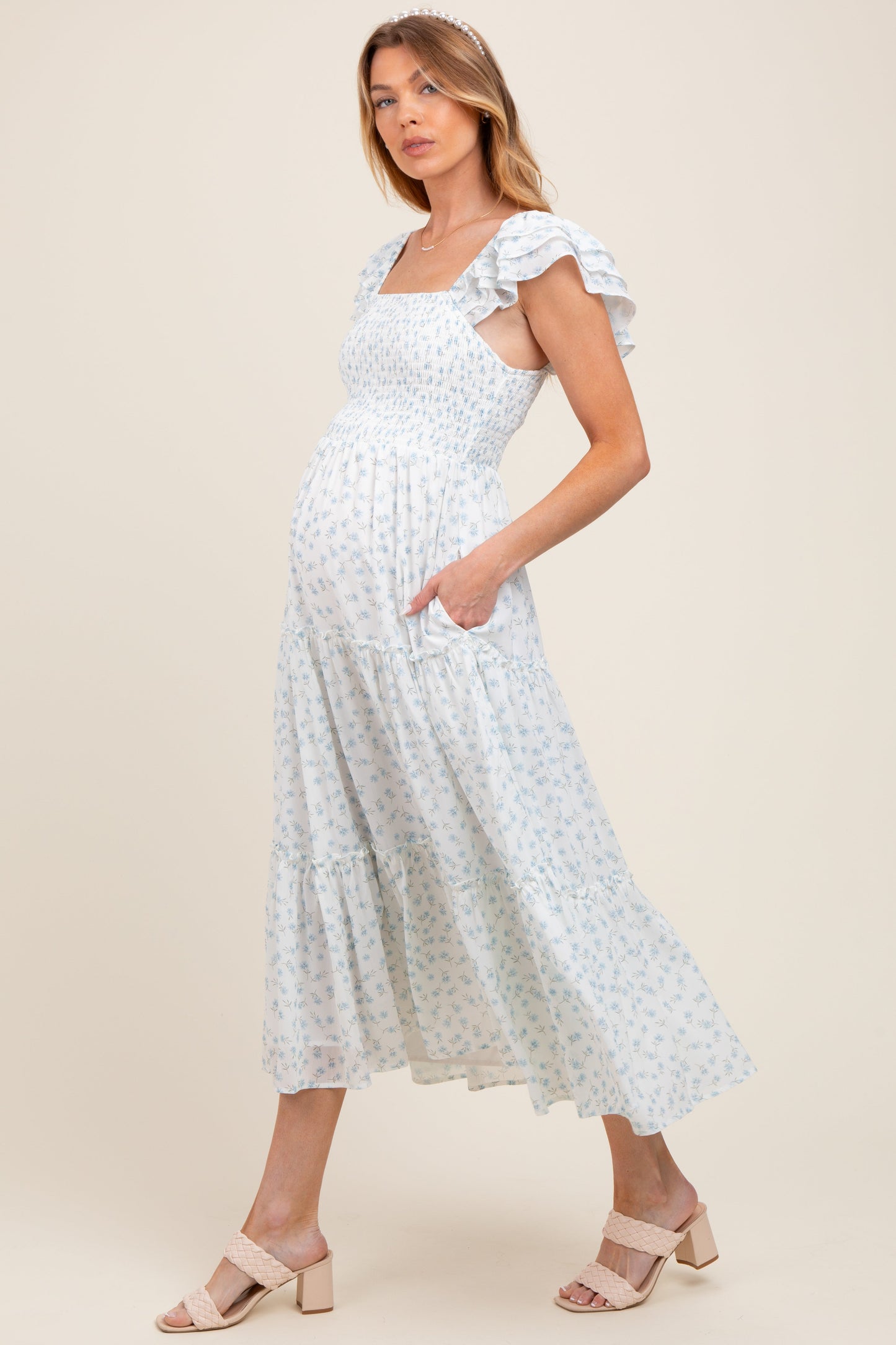 Light Blue Elegant Chiffon Floral Smocked Maternity Midi Dress