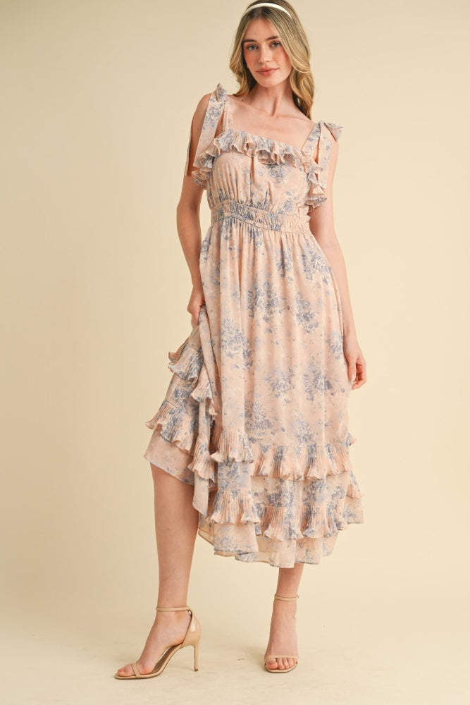 Light Pink Floral Chiffon Pleated Ruffle Maternity Midi Dress