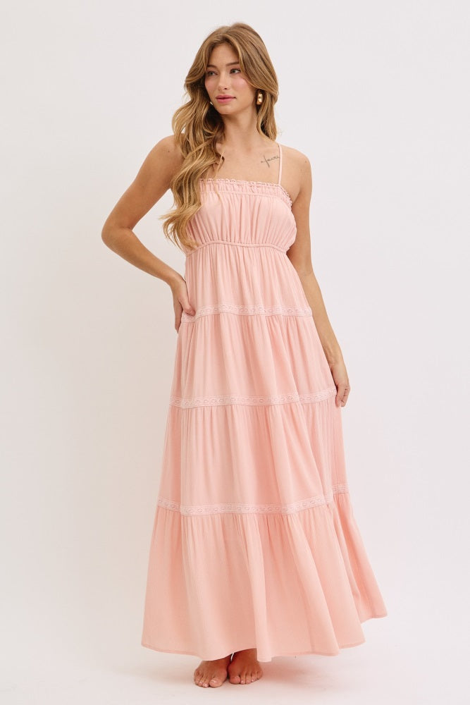 Light Pink Lace Tiered Sleeveless Maternity Maxi Dress