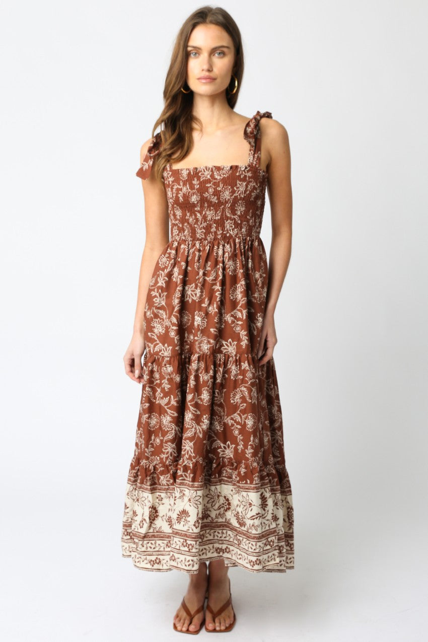 Brown Floral Smocked Shoulder Tie Maternity Maxi Dress