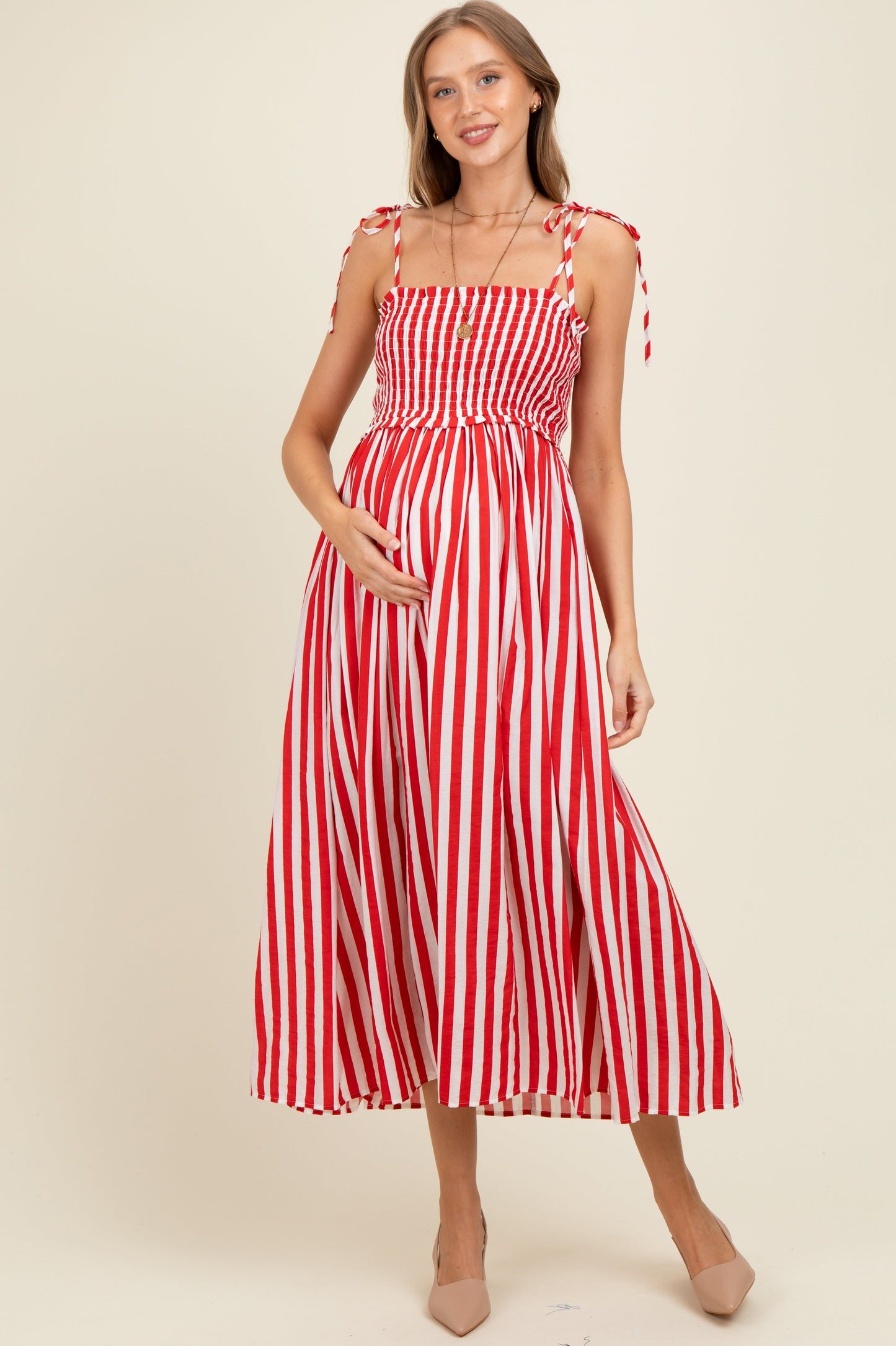 Red Striped Smocked Shoulder Tie Maternity Midi Dress