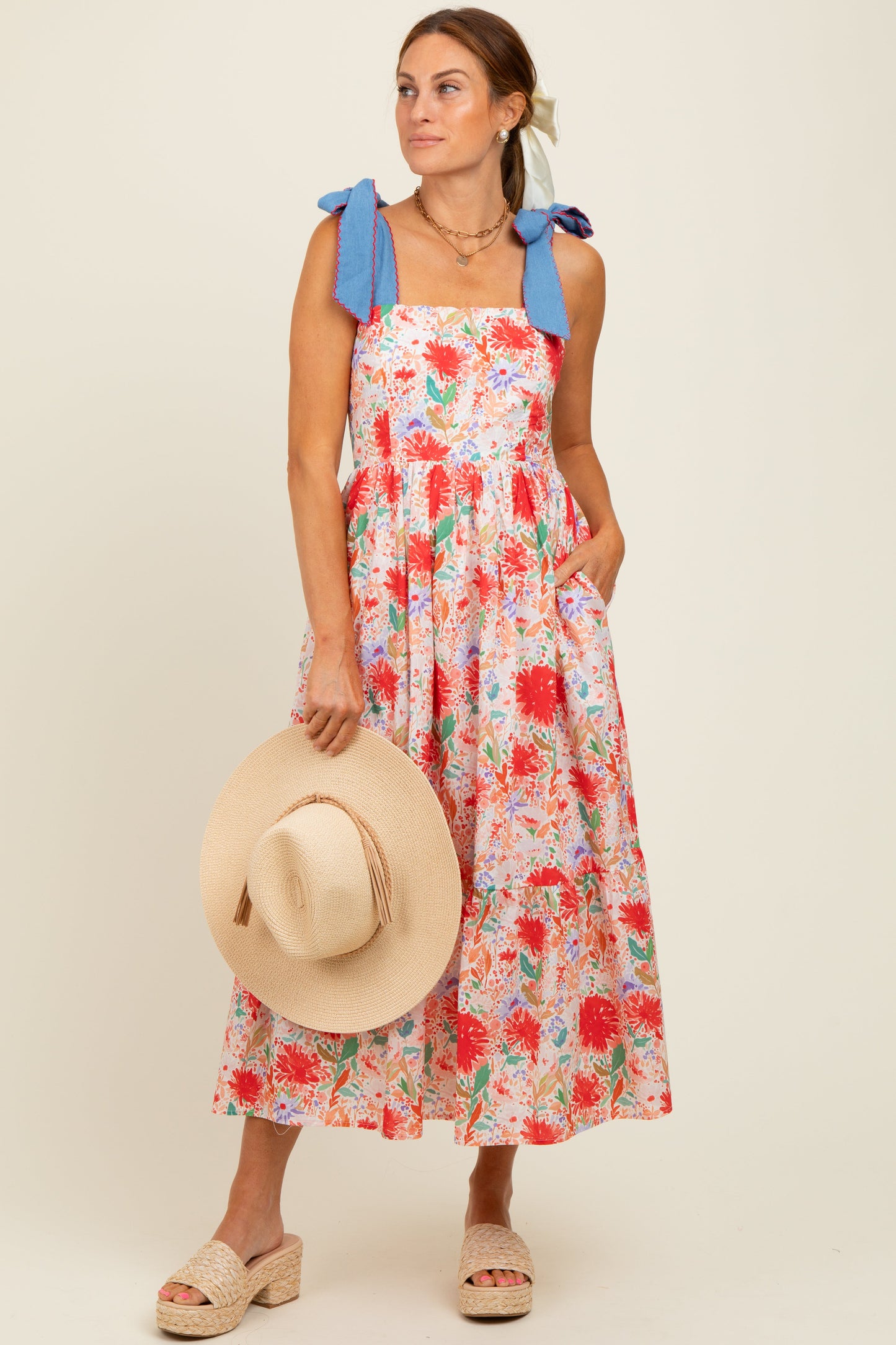 Red Floral Contrast Shoulder Tie Maternity Midi Dress