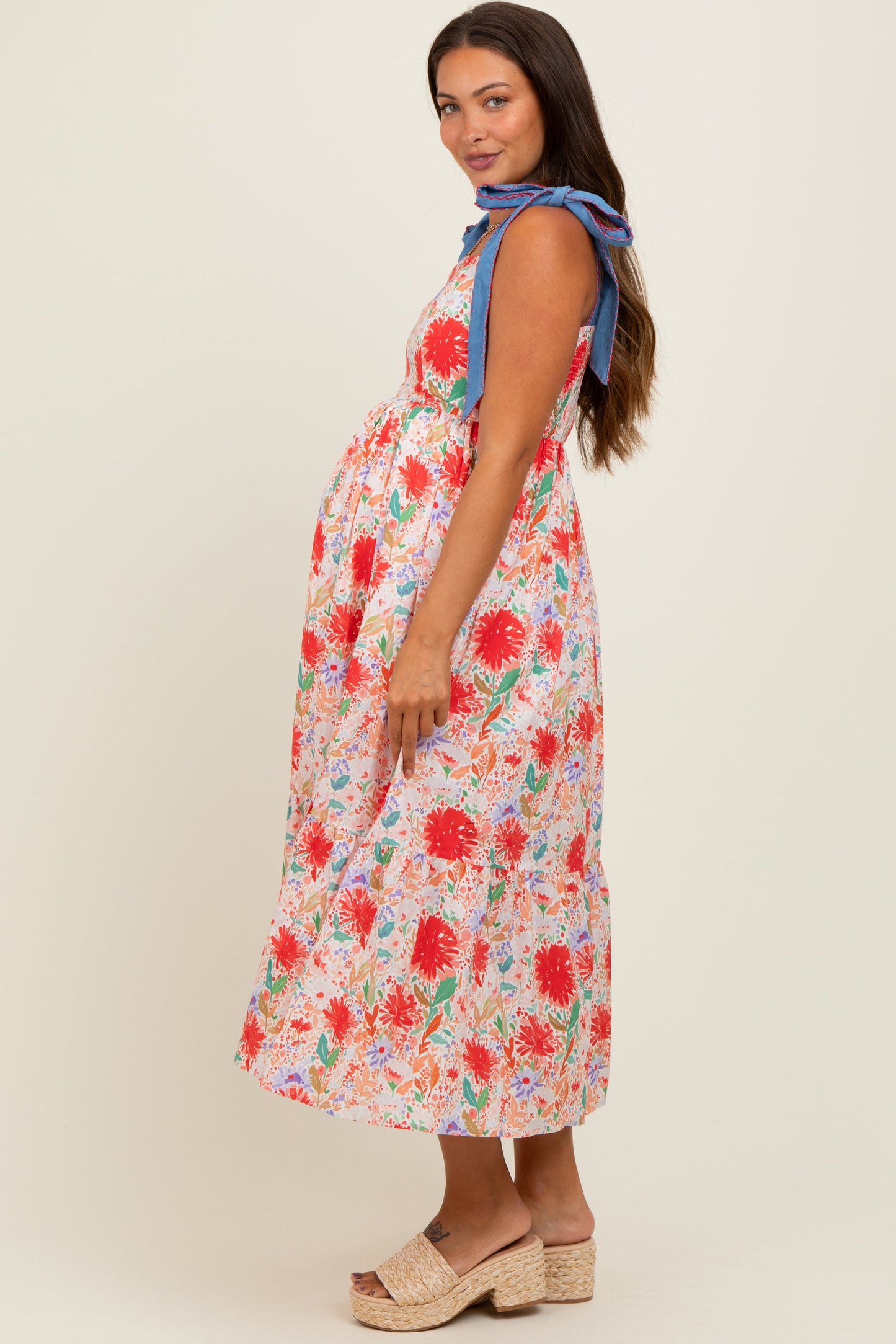 Red Floral Contrast Shoulder Tie Maternity Midi Dress