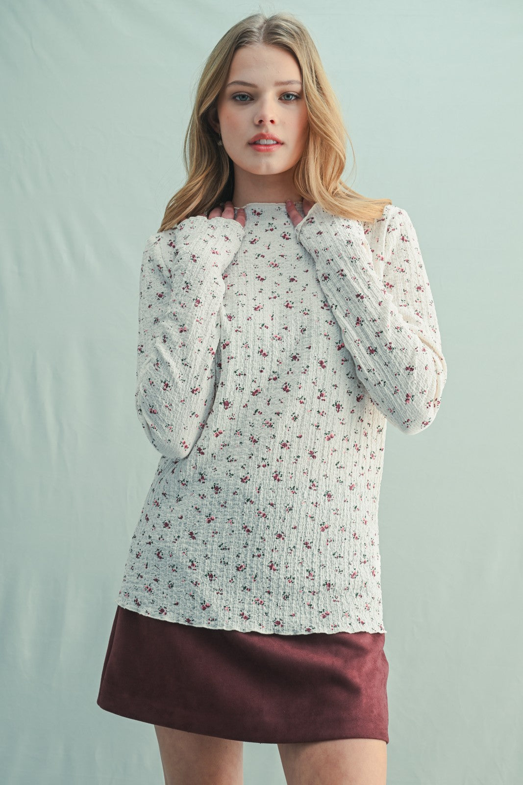Ivory Floral Crinkled Texture High Neck Maternity Long Sleeve