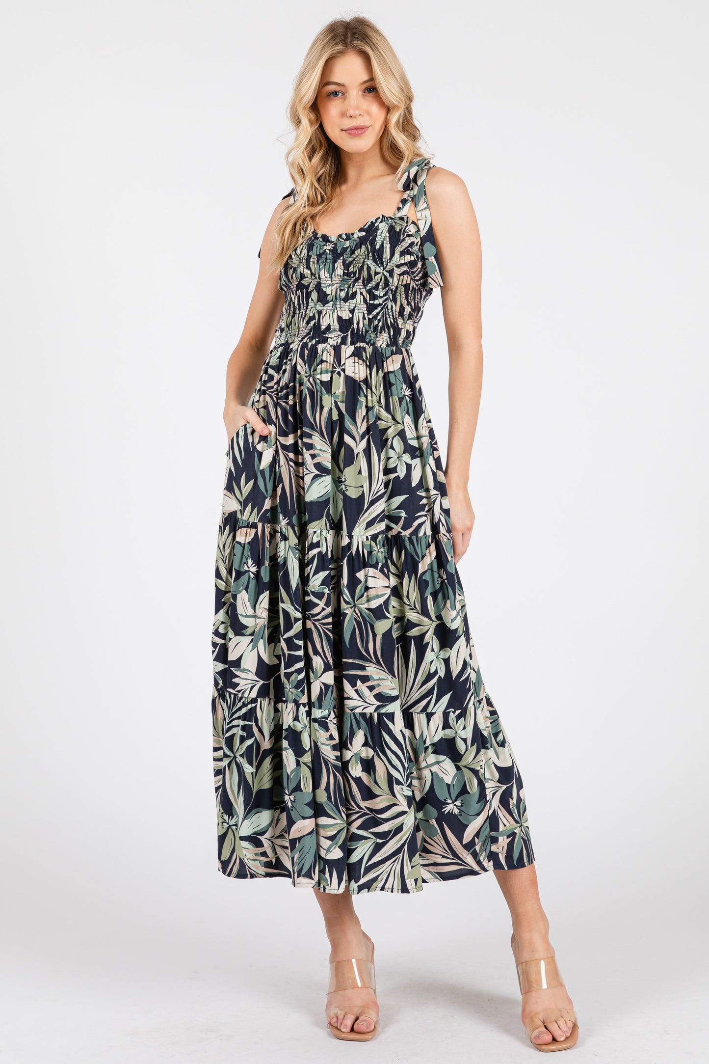 Navy Tropical Print Smocked Shoulder Tie Maternity Midi Dress