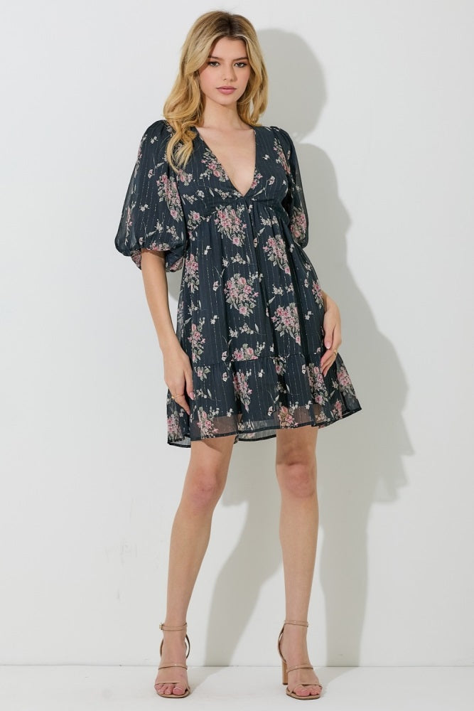 Black Floral Striped V-Neck Cutout Maternity Mini Dress