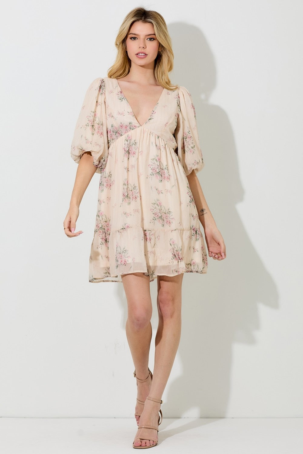 Cream Floral Striped V-Neck Cutout Maternity Mini Dress